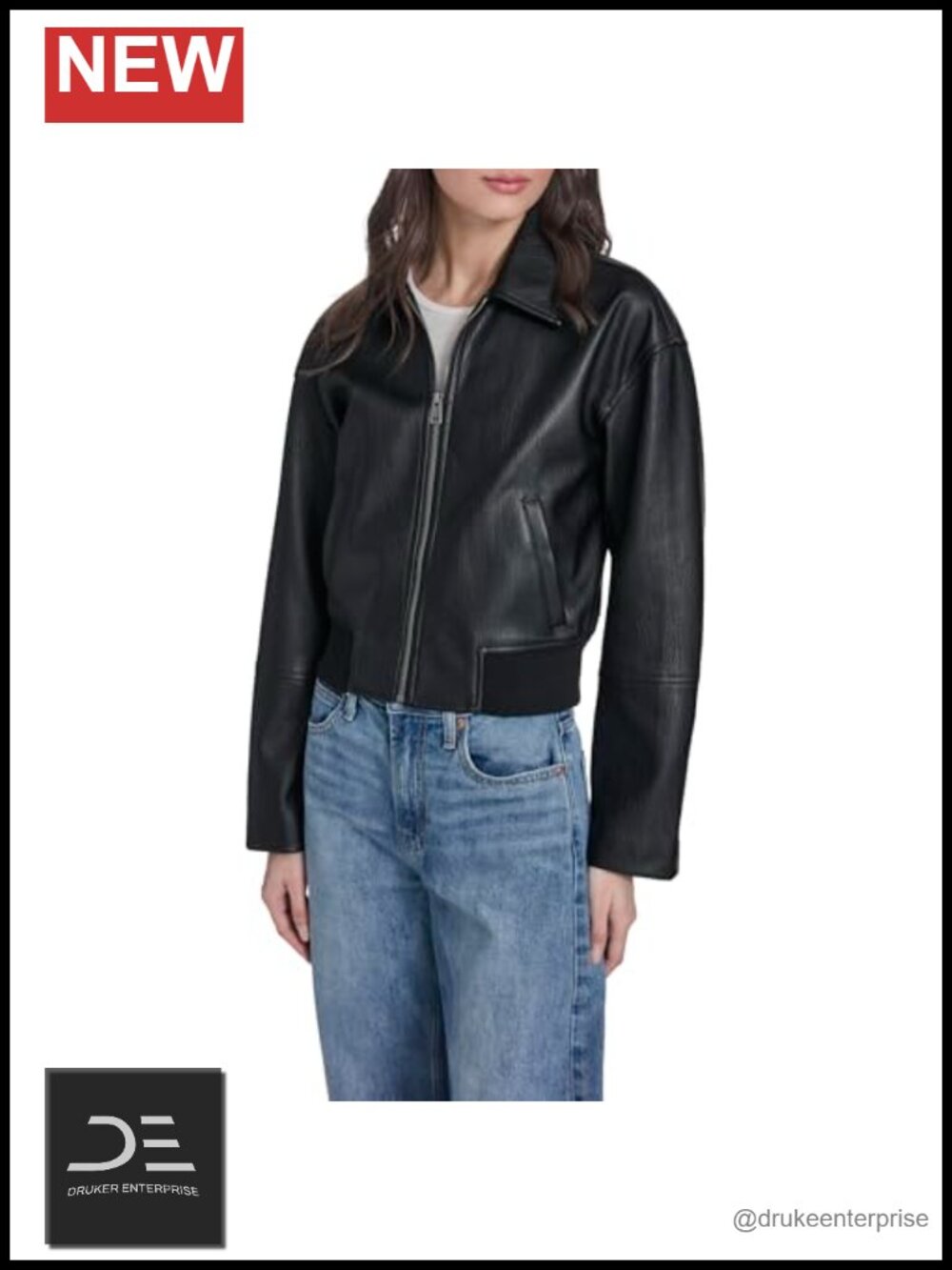 Faux Leather Bomber Jacket With Laydown Collar & Zip Pockets